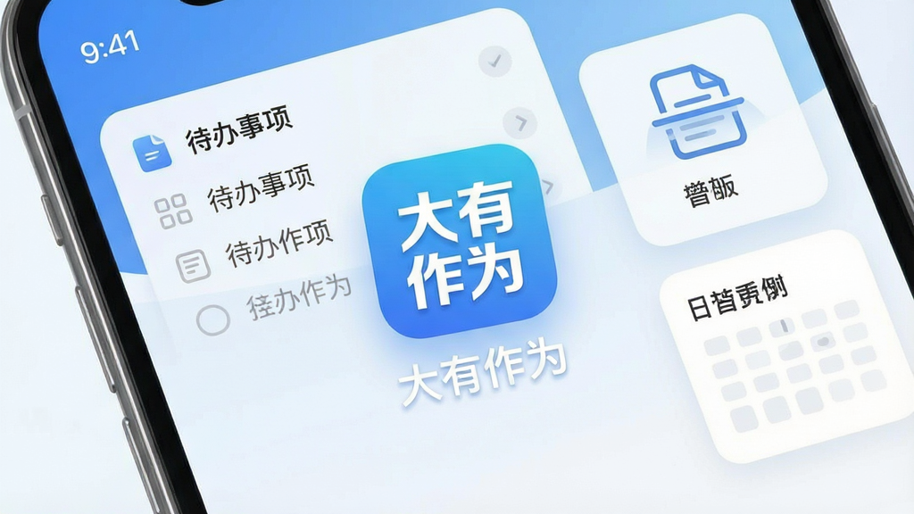 一张手机屏幕展示效率办公软件主界面的图片,画面中央是“大有作为”应用图标和名称,背景是简洁的蓝白渐变,界面布局包含待办事项列表、文档扫描图标和日程安排卡片,风格现代扁平,细节圆润,画质干净无多余元素,文字清晰显示“大有作为”