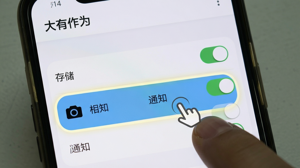 一张手机屏幕展示“大有作为”应用权限设置界面的截图,界面中显示存储、相机、通知等权限开关,其中相机权限被高亮标注,旁边有手指点击的示意,背景是手机系统设置页面,风格写实,画质清晰无多余元素,顶部文字显示“大有作为”