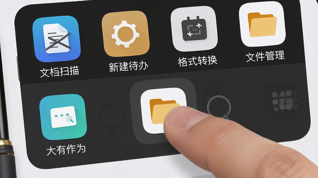 一张“大有作为”应用内的快捷指令面板特写图,面板上排列着文档扫描、新建待办、格式转换、文件管理等图标,用户手指正在拖拽一个图标进行排序,界面背景干净,风格扁平化,画质清晰无多余元素,图标下方文字标注“大有作为”