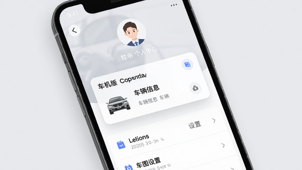 生图提示词:上马智运司机版应用的个人中心界面展示图,画面为手机屏幕特写,屏幕上显示头像、车辆信息卡片和设置选项,布局采用上下结构,上方是用户头像和姓名,中间是车辆信息卡片,下方是功能列表,风格现代简约,细节上卡片有轻微阴影,背景为浅灰色,画质清晰干净,无多余元素