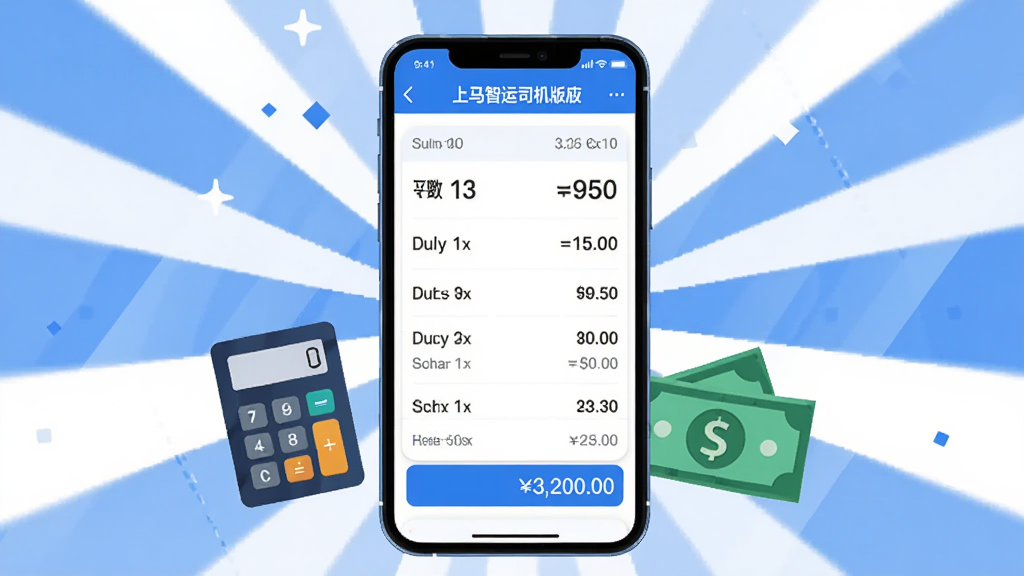 生图提示词:上马智运司机版应用内的运费结算页面截图风格图片,画面主体是一部手机,屏幕上显示账单列表和金额数字,旁边有计算器和钞票图标作为装饰,布局为手机居中,周围元素呈放射状分布,风格扁平化设计,细节上数字清晰可见,颜色以蓝色和白色为主,画质干净利落,无多余元素