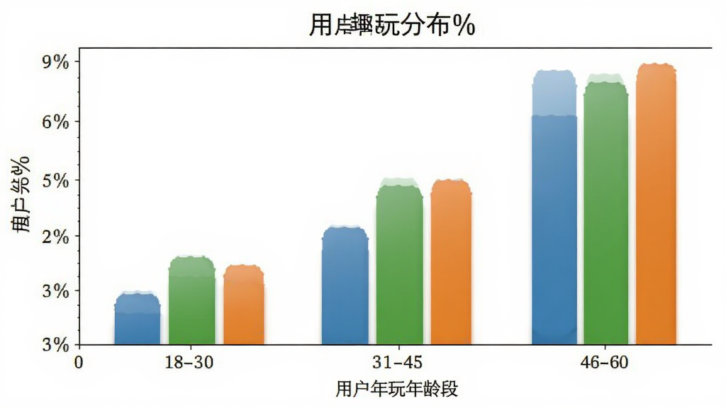 趣玩运动 用户年龄分布柱状图,横轴为年龄段18-30、31-45、46-60,纵轴为百分比,柱体颜色分别为蓝色、绿色、橙色,背景白色,风格简洁,画质清晰