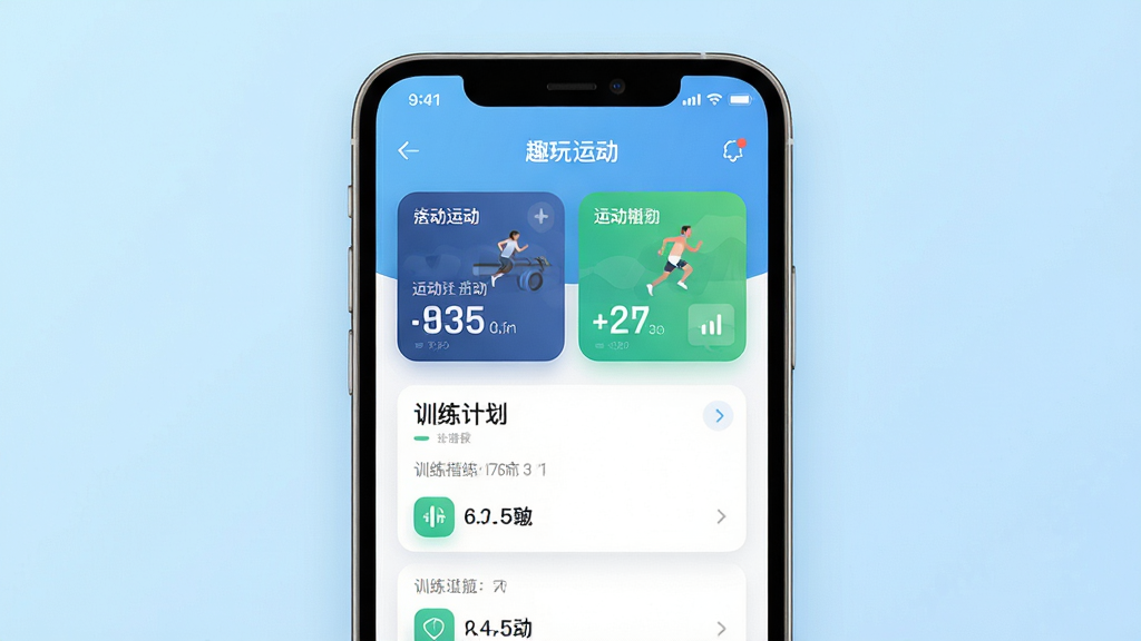 趣玩运动 应用主界面展示,画面中央是手机屏幕,屏幕内显示运动数据卡片和训练计划列表,背景是浅蓝色渐变,风格清爽现代,细节干净,画质清晰,无多余元素