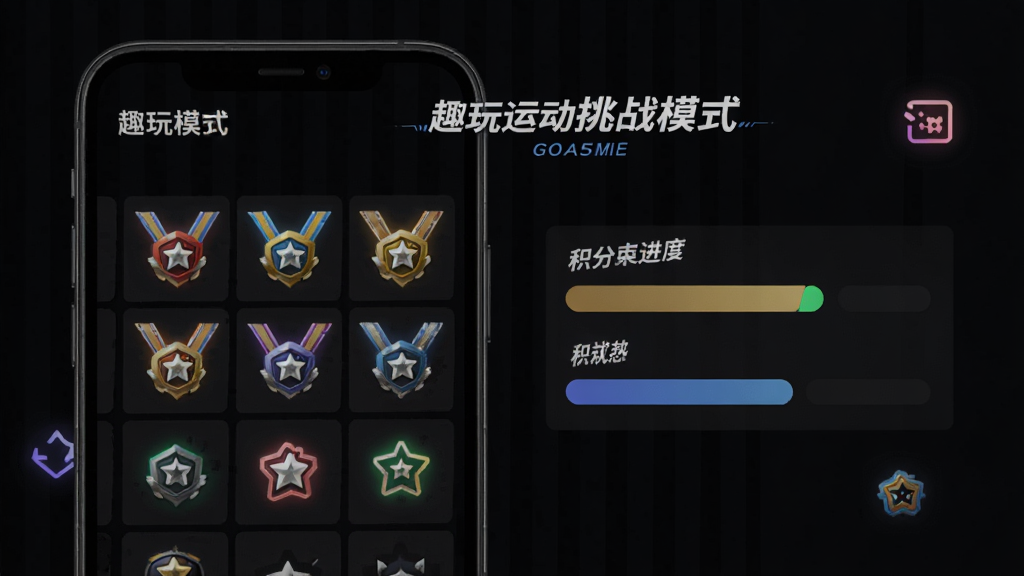 趣玩运动 挑战模式页面,手机屏幕显示勋章墙和积分进度,背景为深色模式,点缀亮色图标,风格酷炫,画质清晰,无杂乱元素