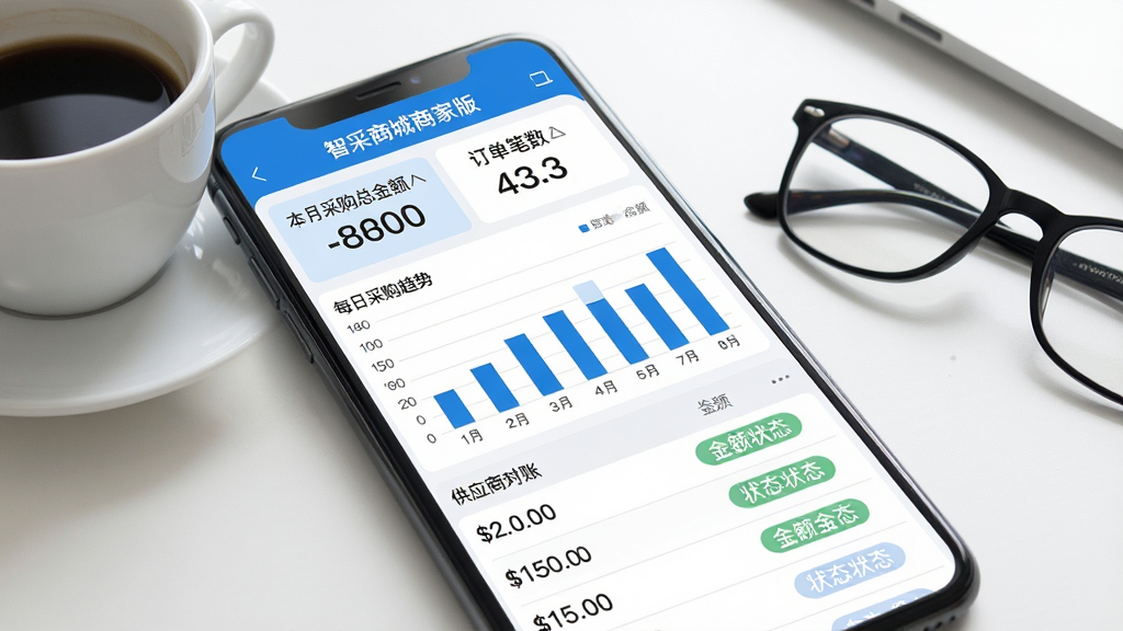 生图提示词:手机屏幕显示“智采商城商家版”的账单统计页面,页面上方是本月采购总金额和订单笔数的大字展示,中间是柱状图显示每日采购趋势,下方是供应商对账列表,每个条目有金额和状态标签。手机放在办公桌上,旁边有一杯咖啡和一副眼镜。风格为商务办公场景,光线明亮,色彩以蓝色和白色为主,图表清晰,文字锐利,画质干净无多余元素。
