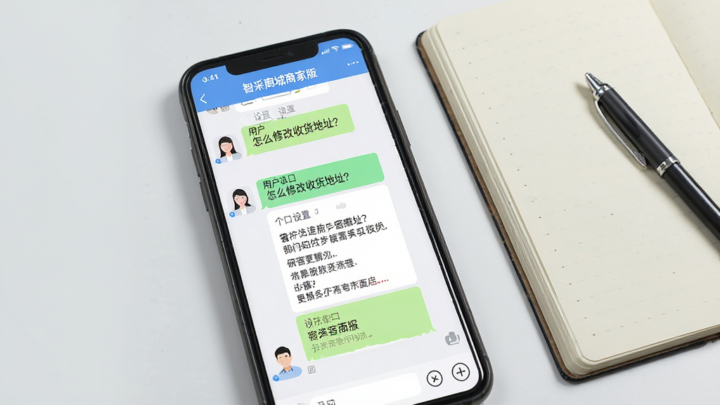 生图提示词:一部手机屏幕显示“智采商城商家版”的客服聊天界面,对话框里有用户提问“怎么修改收货地址?”和客服回复的操作步骤截图,界面清晰展示设置入口的位置。手机旁边放着一本翻开的笔记本和一支笔,暗示用户正在学习操作。画面风格为教程类截图展示,光线均匀,文字清晰可读,背景简洁,画质干净无多余元素。