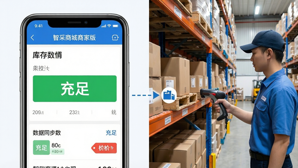 生图提示词:一个分屏对比的示意图,左侧是手机屏幕显示“智采商城商家版”的商品详情页,库存数量显示为绿色“充足”,价格标签清晰;右侧是仓库货架的实景照片,货架上摆满商品,一位工作人员正拿着扫码枪核对库存。中间用虚线箭头连接,表示数据同步。风格为信息图表与实景结合,色调以蓝白为主,干净简洁,文字标注清晰,画质高清,无多余装饰元素。