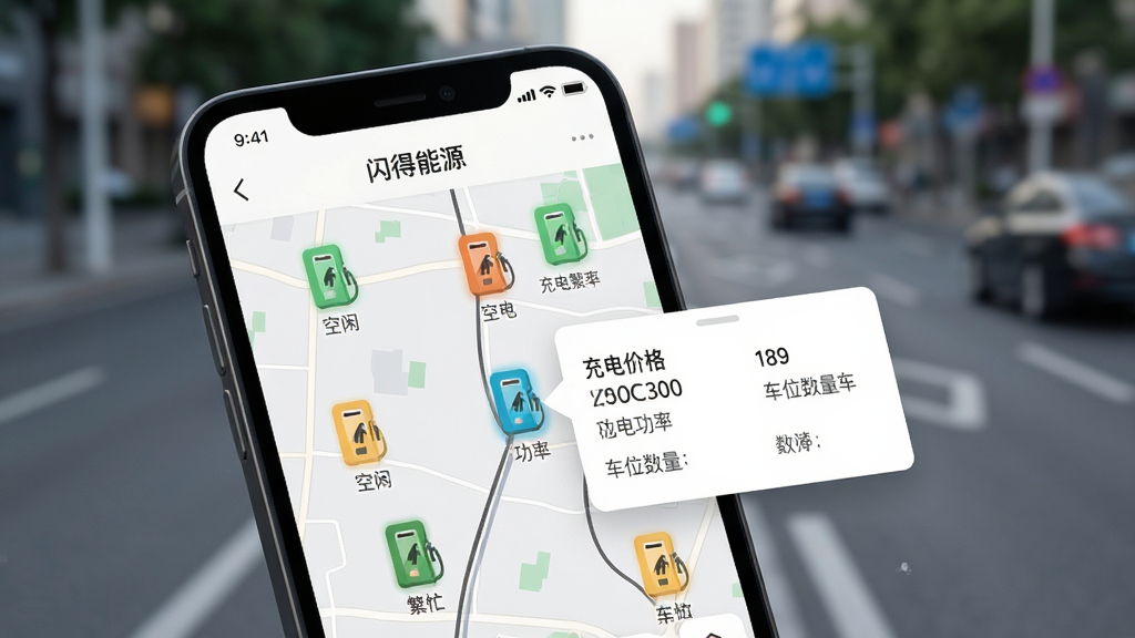 手机屏幕特写,展示“闪得能源”App内的地图找桩界面,地图上散布着多个充电桩图标,用不同颜色区分空闲和繁忙状态,点击其中一个图标弹出详情卡片,显示充电价格、功率和车位数量。背景是模糊的城市道路,突出手机屏幕内容。风格简洁明快,画质清晰,无杂乱信息。