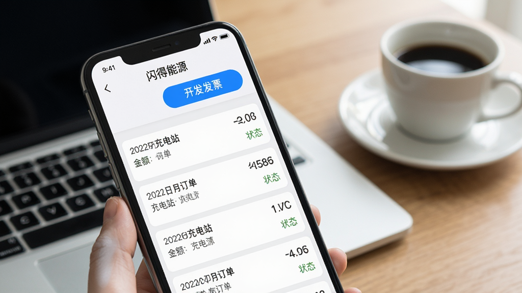 手机屏幕显示“闪得能源”App的账单页面,列表展示了多笔充电订单,每笔订单显示日期、充电站名称、金额和状态。屏幕上方有“开发票”按钮,页面设计简洁,以白色和浅灰色为主,重点信息用蓝色高亮。背景是办公桌一角,有笔记本电脑和咖啡杯,营造商务场景。画质干净,无杂乱元素。