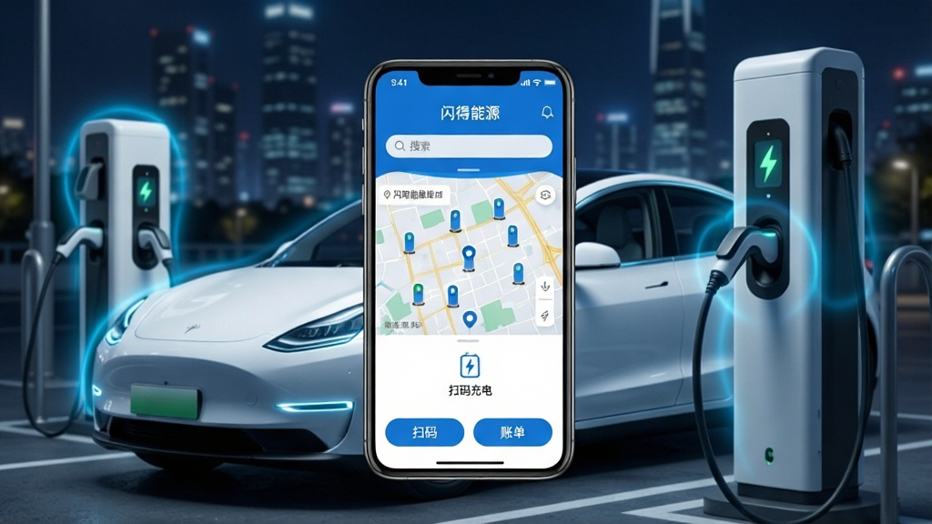 一张展示新能源车主使用手机App充电的场景图,画面中心是一部智能手机,屏幕上清晰显示着“闪得能源”应用的主界面,界面以蓝白配色为主,顶部有搜索框,中间是地图模式显示周边充电桩位置,底部有扫码充电和账单按钮。背景是城市夜景,一辆白色电动汽车正停在充电桩旁充电,充电枪连接着车身,淡蓝色的光晕环绕。整体风格现代科技感,画质干净,无多余元素。