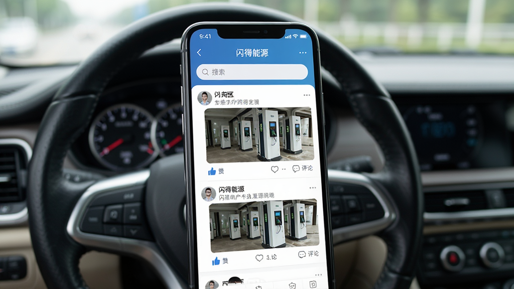 手机屏幕显示“闪得能源”App的社区页面,顶部有搜索框,下方是用户发布的帖子列表,包含文字和充电站实拍图,有点赞和评论按钮。背景是车内视角,方向盘和仪表盘虚化,突出手机屏幕。风格社交化,界面友好,画质干净无多余元素。
