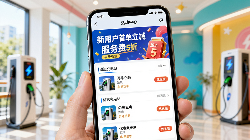 手机屏幕展示“闪得能源”App的活动中心页面,页面顶部是横幅广告,写着“新用户首单立减”和“服务费5折”等字样,下方是列表形式展示周边充电站的优惠信息,每个条目有充电站名称、距离和优惠标签。背景是明亮的室内环境,风格活泼,色彩鲜艳但不过度,画质清晰。
