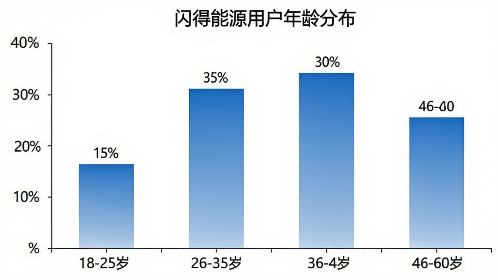 一张柱状图,标题为“闪得能源用户年龄分布”,横轴为年龄区间:18-25岁、26-35岁、36-45岁、46-60岁,纵轴为用户占比百分比。柱子颜色为蓝色渐变,数据标签清晰可见,显示18-25岁占15%,26-35岁占35%,36-45岁占30%,46-60岁占20%。背景为白色,图表风格简洁专业,无多余装饰元素。