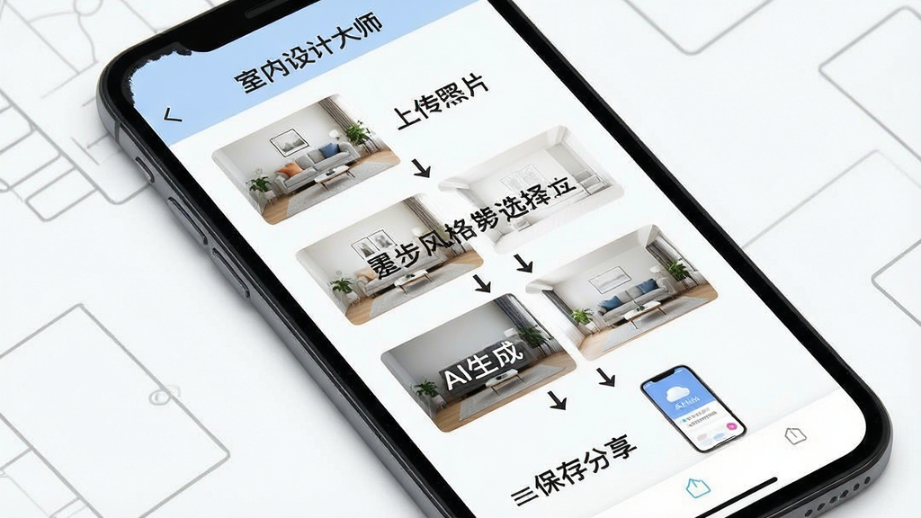 一张展示“AI室内设计大师”使用教程的图片。主体是手机屏幕,屏幕内以分步截图的形式展示操作流程:第一步上传照片,第二步选择风格,第三步AI生成,第四步保存分享。每一步都有简洁的文字说明和箭头指引。布局上采用纵向排列,排版清晰,风格简洁明快,细节干净,画质清晰无多余元素。