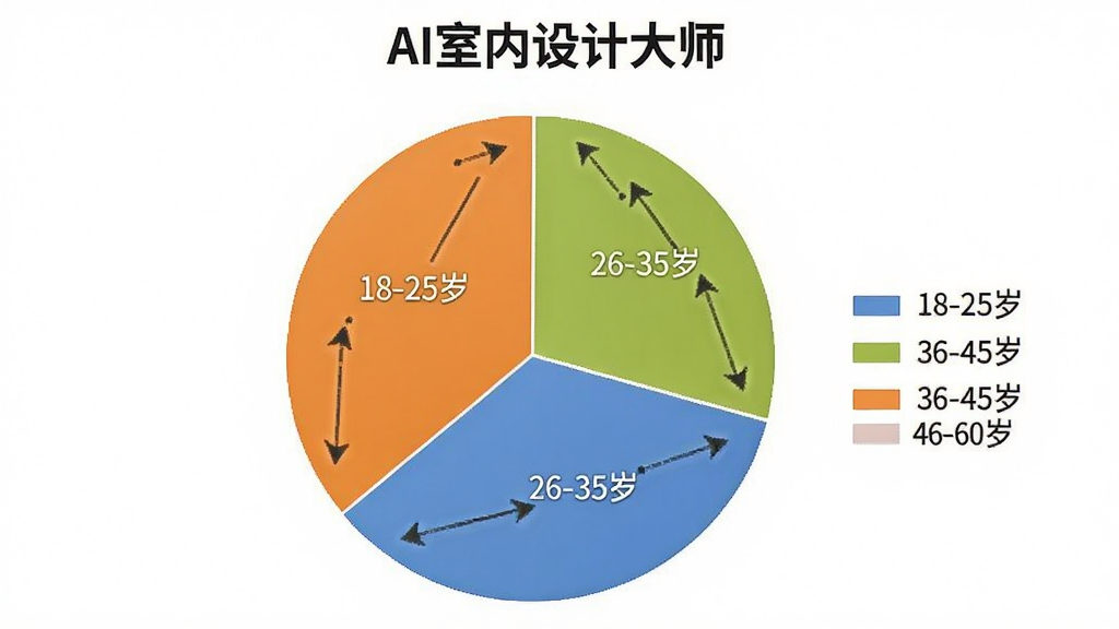 一张展示“AI室内设计大师”用户年龄分布的饼状图。主体是一个圆饼图,分为四个扇区,分别标注“18-25岁”、“26-35岁”、“36-45岁”、“46-60岁”,每个扇区用不同颜色区分,旁边有图例说明。布局居中,排版简洁,风格数据可视化,细节清晰,画质干净无多余元素。
