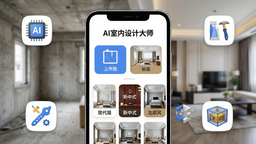 一张展示“AI室内设计大师”软件核心界面的图片。主体是手机屏幕,屏幕内显示一款室内设计APP的首页,顶部有“AI室内设计大师”的文字标识,中间是上传户型图或拍摄房间的按钮,下方排列着现代简约、新中式、北欧风等风格选项卡片,背景是模糊的毛坯房与精装房对比图。布局上手机居中,周围环绕着AI芯片、设计工具、3D效果图等小图标。排版清晰,风格现代扁平,细节圆润,画质干净无多余元素。