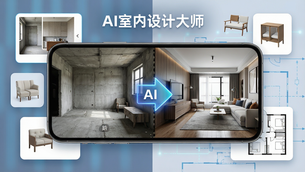 一张展示“AI室内设计大师”软件功能特色的组合图。主体是手机屏幕,屏幕内展示软件的操作界面,左侧是上传的毛坯房照片,右侧是AI生成的精美装修效果图,中间有一个发光的AI转换箭头。屏幕周围漂浮着风格模板卡片、家具模型图标和户型图线条。布局上采用左右对比的形式,排版清晰,风格科技感与家居感结合,细节精致,画质干净无多余元素。