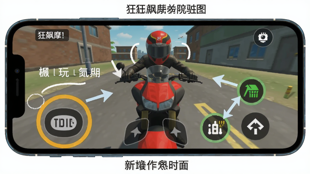 狂飙摩托驾驶 新手操作界面标注图,主体为手机屏幕显示游戏画面,布局在画面上叠加箭头和文字标注,排版为教程风格,细节包括高亮圈出的刹车键、油门键、氮气按钮和视角切换图标,风格为扁平化说明图,画质清晰,无多余元素。