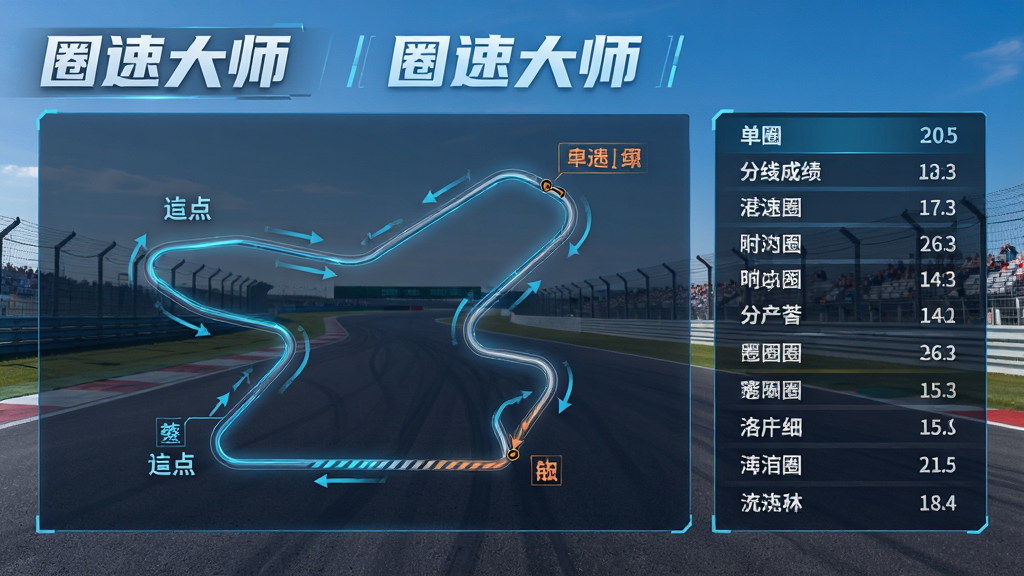 一张展示圈速大师在赛道上记录轨迹的示意图,画面主体是一个带有赛道走线的地图,上面标注着起点和终点,旁边有详细的单圈时间和分段成绩列表,背景是晴朗的蓝天和赛道,风格运动科技感,细节清晰,画质干净,文字显示“圈速大师”