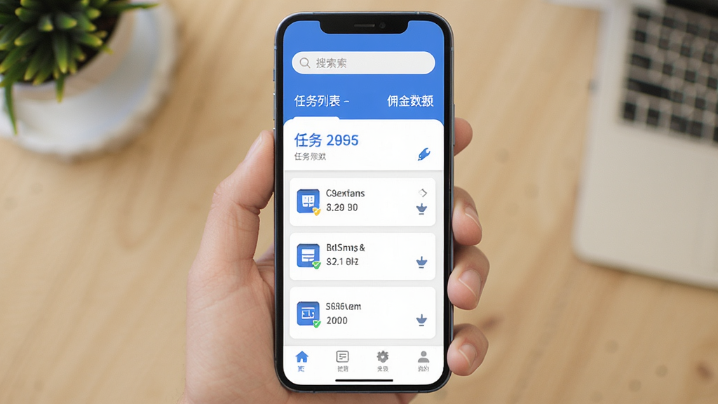 项目推客 手机应用主界面 展示任务列表和佣金数额 扁平化设计风格 蓝色和白色为主色调 顶部有搜索栏 中间是任务卡片列表 底部是导航栏 画面干净整洁 细节清晰 无多余元素 画质高清