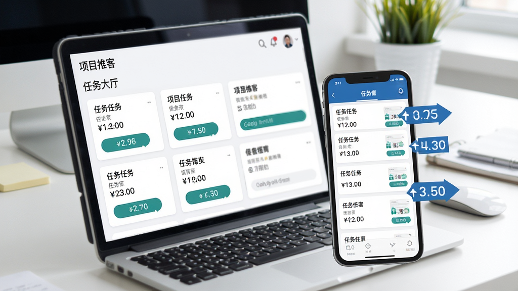 项目推客 任务大厅界面 展示各种任务卡片 有打字标注的佣金金额 背景是明亮的办公桌 手机屏幕清晰显示任务列表 风格现代 画质干净清晰 无杂乱元素