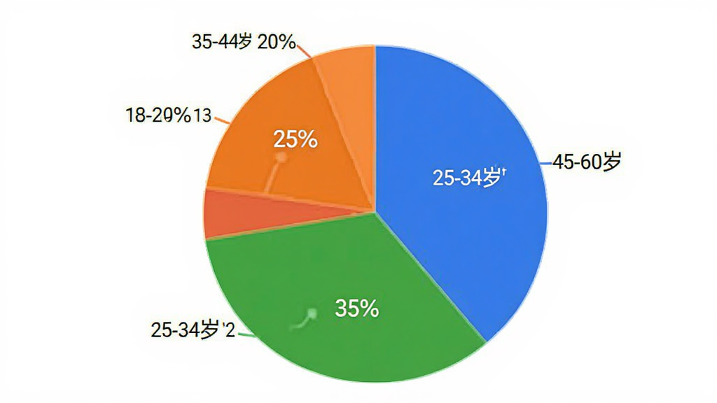 项目推客 用户年龄分布饼状图 18-24岁占25% 25-34岁占35% 35-44岁占20% 45-60岁占20% 图表清晰 颜色鲜明 背景干净 无多余元素 画质高清