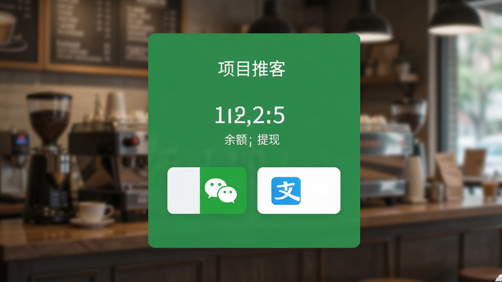 项目推客 提现页面截图 显示余额和提现按钮 微信和支付宝图标 简洁的UI界面 绿色为主色调 背景是模糊的咖啡馆环境 画质干净 布局清晰 无多余装饰