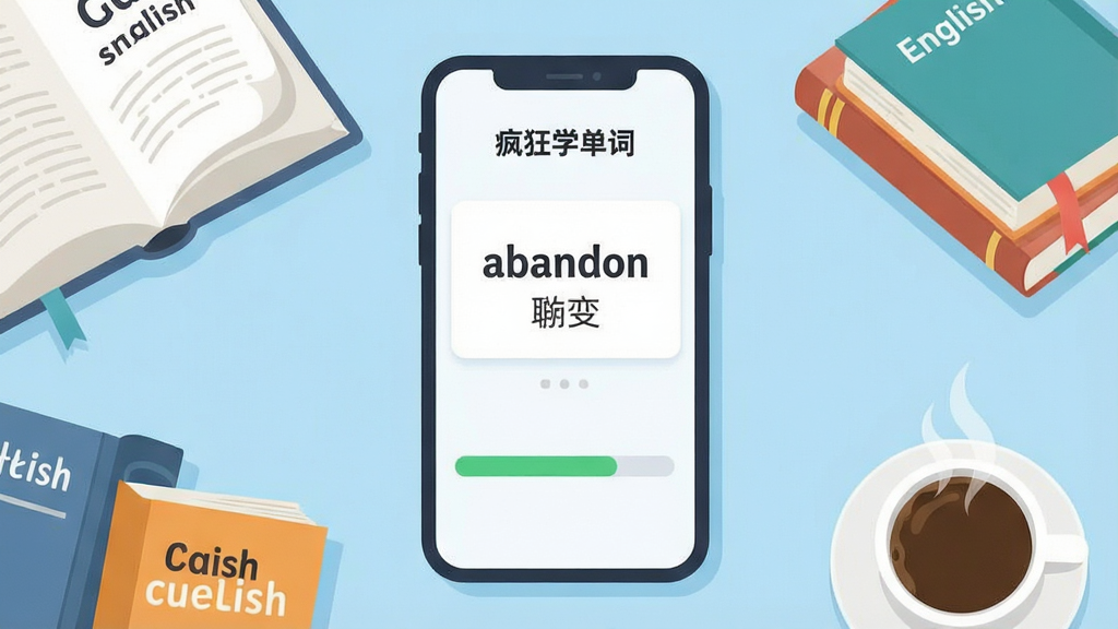 һ��չʾ�����ѧ���ʡ�App���Ľ������ϸ�廭������������һ�������ֻ����ֻ���Ļ����ʾ�ŵ��ʿ�Ƭ�ͽ���������Ƭ��д��Ӣ�ĵ��ʡ�abandon�����������壬������ǳ��ɫ��ѧϰ���棬������ɢ���ż���Ӣ�����һ�����ȣ��������ֻ����У��鱾�����½ǣ����������½ǣ��Ű�������������Ǳ�ƽ���廭��ϸ�ڰ����ֻ���Ե��Բ�ǡ���ҳ�ķ��������ȵ����������ʸ��壬�ɾ����޶���Ԫ��