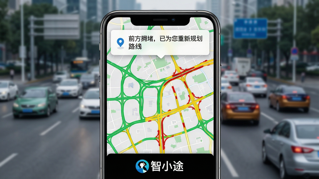 一张展示“智小途”实时路况功能的生图,画面主体是手机屏幕特写,屏幕上显示城市地图,道路用绿色、黄色、红色线条清晰标注拥堵程度,屏幕上方弹出“前方拥堵,已为您重新规划路线”的提示框。手机下方有“智小途”的Logo。背景是模糊的城市道路和车流。整体风格写实科技感,细节清晰,画质干净,无多余元素。