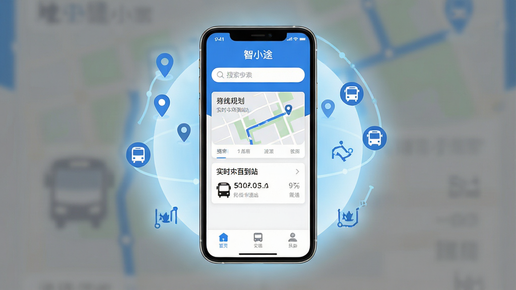 一张以“智小途”为核心的全貌展示图,画面主体是一个清爽的手机屏幕,屏幕上显示“智小途”App的主界面,界面以蓝白配色为主,顶部有搜索框,中间显示路线规划卡片和实时公交到站信息,底部有三个简洁的导航图标。手机周围环绕着淡蓝色的光晕和细小的定位图标、公交图标、地铁路线图标。整体风格现代扁平,画质干净清晰,无多余元素。