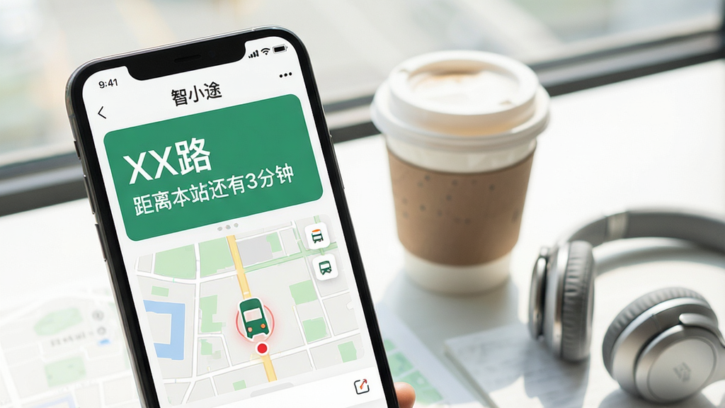 一张展示“智小途”公交到站预测功能的生图,画面主体是手机屏幕,屏幕上显示“智小途”的公交实时信息页面,上面有“XX路 距离本站还有3分钟”的醒目字样,下方有地图缩略图和车辆位置图标。手机旁边放着一杯咖啡和一副耳机,营造出早晨出门等车的场景感。风格清新明亮,画质干净,无多余元素。