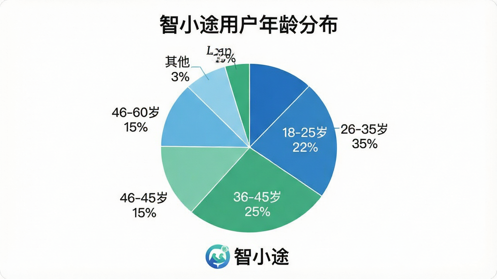 一张展示“智小途”用户年龄分布的饼状图,画面主体是一个简洁的饼状图,标题为“智小途用户年龄分布”,图表分为五个扇形区域,分别标注“18-25岁 22%”“26-35岁 35%”“36-45岁 25%”“46-60岁 15%”“其他 3%”,每个区域用不同深浅的蓝色和绿色区分。图表下方有“智小途”Logo。整体风格干净商务,画质清晰,无多余元素。
