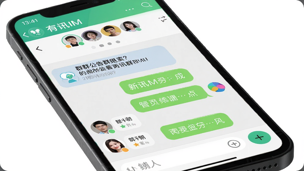 一张有讯IM群组聊天功能展示生图,主体是手机屏幕显示有讯IM的群聊界面,布局上方有群名称和成员头像列表,中间是多人对话气泡,下方有输入框和加号功能按钮,排版紧凑有序,风格现代社交应用,细节包括群公告横幅、管理员标识、彩色头像,画质高清干净,无杂乱元素。