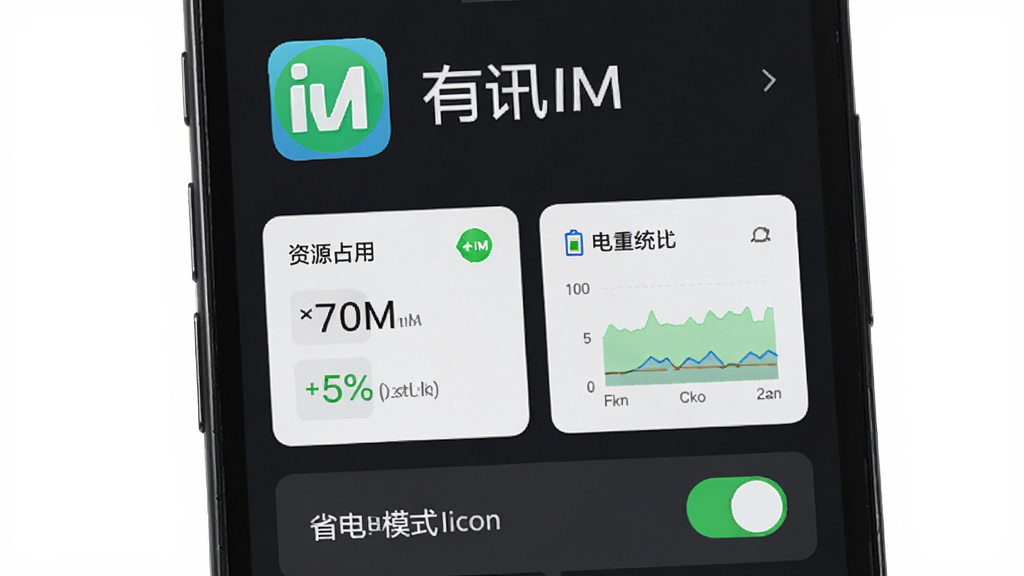 一张有讯IM软件运行性能展示生图,主体是手机屏幕显示有讯IM的设置页面和电池使用统计图表,布局上方是软件图标和名称,中间是资源占用数据卡片,下方是省电模式开关,排版清晰,风格科技感扁平化,细节包括绿色节能标识、百分比数字,画质干净无多余元素。