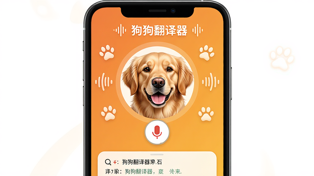 狗狗翻译器软件主界面截图,手机屏幕中央显示一只可爱的金毛犬头像和录音按钮,下方有翻译结果展示区域,背景是温暖的橙黄色渐变,界面风格简洁现代,顶部有狗狗翻译器文字标识,周围环绕声波图标和爪印装饰,画质清晰干净,无多余元素