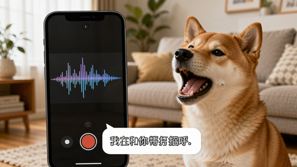 狗狗翻译器实时翻译功能展示图,手机屏幕显示录音中的声波动态效果,旁边有一只柴犬正在吠叫,屏幕下方弹出翻译结果气泡写着我在和你打招呼,背景是居家客厅场景,风格温馨写实,画质高清,无多余元素