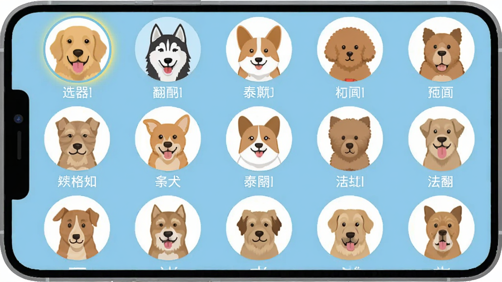狗狗翻译器多犬种选择界面,手机屏幕展示不同狗狗品种的圆形头像图标网格排列,包括金毛、哈士奇、柯基、泰迪等,每个头像下方有品种名称,当前选中金毛犬高亮显示,背景为浅蓝色,风格扁平化设计,画质干净,无多余元素