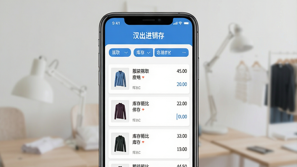 一张手机屏幕展示服装进销存管理软件界面,标题文字为