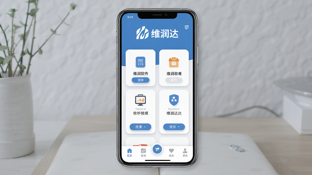 一张手机屏幕展示维润达软件主界面的图片,主体是手机居中放置,布局为上下结构,上方是维润达的logo和名称,中间是功能卡片式排列,下方是底部导航栏,排版简洁清晰,风格为现代扁平化科技风,细节上图标圆润按钮有轻微阴影,画质高清干净无多余元素,画面中文字为“维润达”