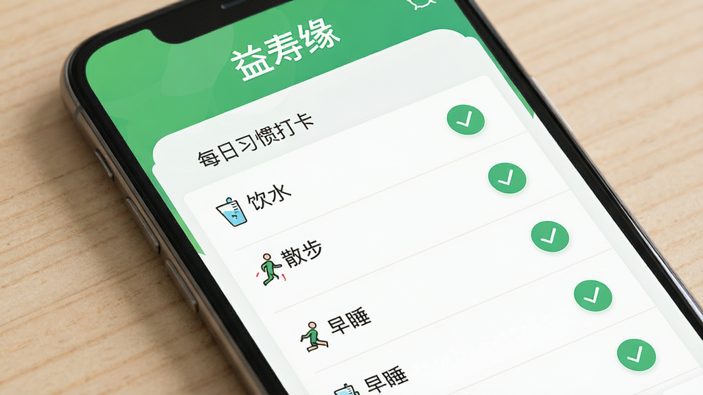 益寿缘功能界面展示,画面中一部手机屏幕显示益寿缘APP的打卡页面,页面顶部有“益寿缘”文字标识,中间是每日习惯打卡列表,包含饮水、散步、早睡等条目,每个条目右侧有勾选按钮,界面以清新绿色和白色为主,布局整齐,风格简约现代,画质干净清晰