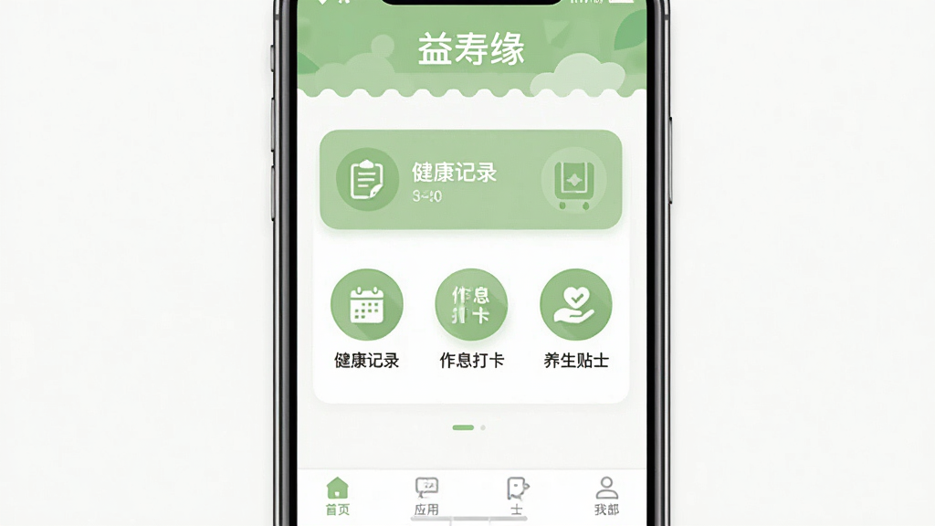 益寿缘应用主界面展示,画面中央是手机屏幕,屏幕内显示益寿缘APP首页,顶部有“益寿缘”字样,页面以浅绿色和白色为主色调,中间排列着健康记录、作息打卡、养生贴士三个圆形功能图标,底部为导航栏,背景干净简洁,扁平化设计风格,画质清晰,无多余元素