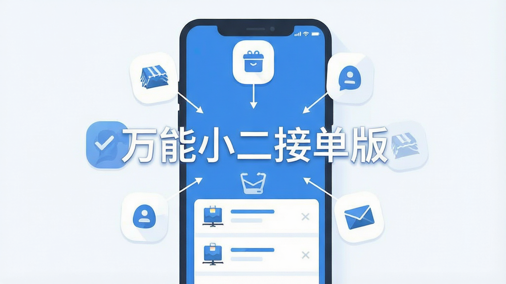一张扁平化风格的手机界面插图,画面中央显示“万能小二接单版”文字,界面中有多个订单来源图标汇聚到一个收件箱列表,蓝白配色,布局清晰,画质干净,无多余元素