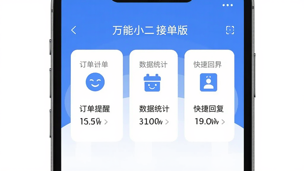 手机屏幕显示“万能小二接单版”的功能面板,界面分为订单提醒、数据统计和快捷回复三个卡片,卡片上有小图标和简洁文字,蓝白配色,扁平设计,画质干净,无多余元素
