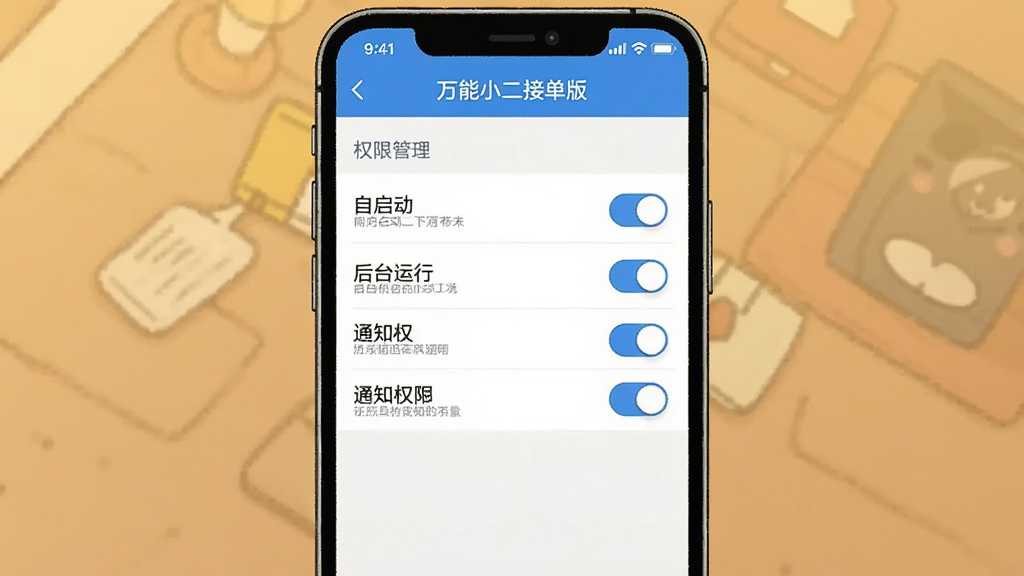 手机设置界面截图风格插图,画面中显示“万能小二接单版”的权限管理页面,有自启动、后台运行、通知权限等开关选项,蓝白配色,布局清晰,画质干净,无多余元素