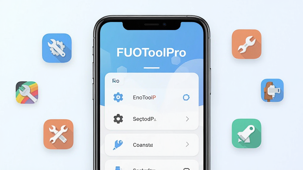 一张展示FUOToolPro手机应用主界面的预览图,画面中央是一部智能手机,屏幕里显示FUOToolPro的简洁工具面板,上方有软件名称“FUOToolPro”字样,背景为浅色渐变,周围漂浮着几个小工具图标,风格现代扁平,画质干净清晰,无多余元素