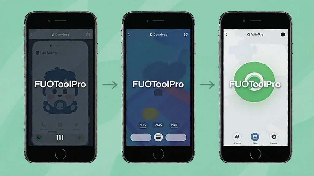 FUOToolPro在手机上的安装步骤示意图,画面展示从下载到安装完成的三个手机屏幕,屏幕中带有“FUOToolPro”文字,风格简洁明了,背景干净,画质清晰,无杂乱元素