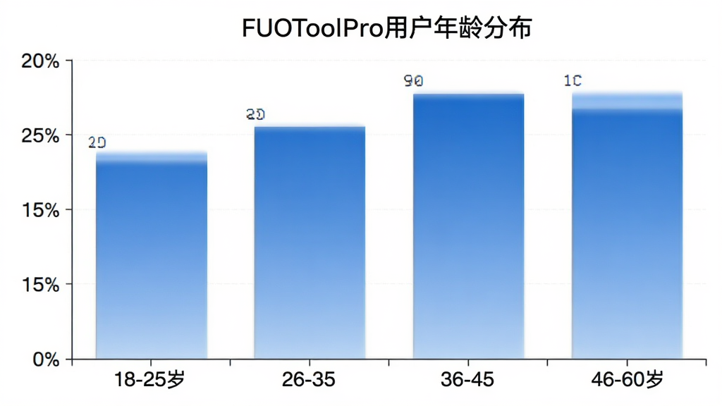 FUOToolPro用户年龄分布柱状图,横轴为18-25岁、26-35岁、36-45岁、46-60岁四个年龄段,纵轴为人数占比,柱状颜色为蓝色渐变,图表标题为“FUOToolPro用户年龄分布”,风格简洁干净,画质清晰,无多余元素