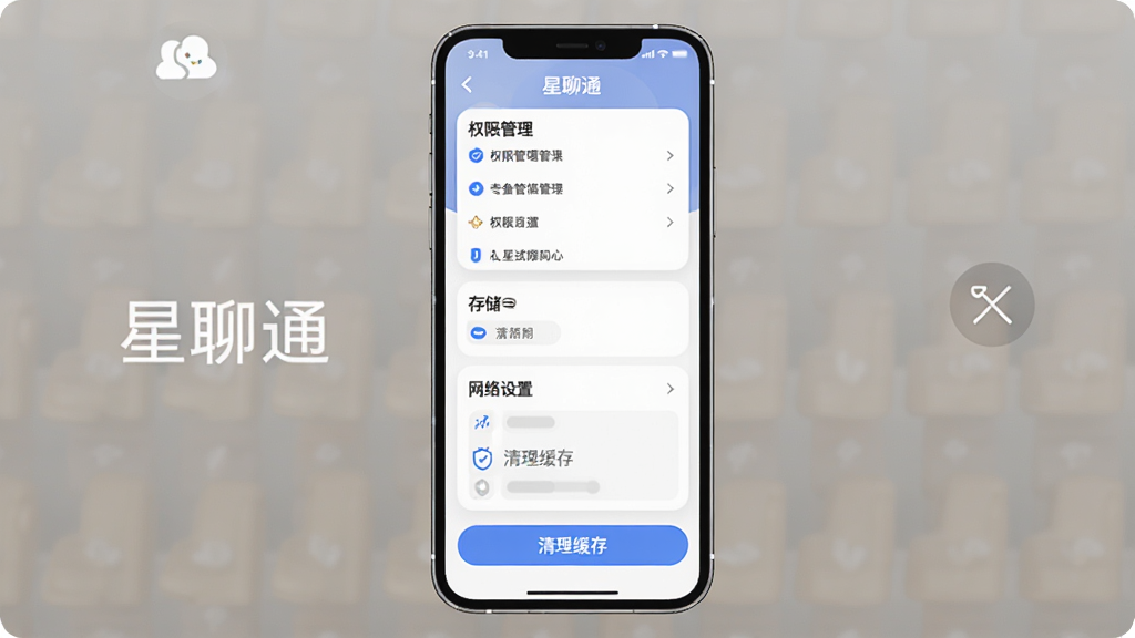 一张展示星聊通安装设置界面的图片,主体是手机屏幕,布局为顶部显示权限管理列表,中间是存储和网络设置选项,底部是清理缓存按钮,排版清晰,风格简洁实用,细节圆润,画质干净无多余元素,画面中标注“星聊通”