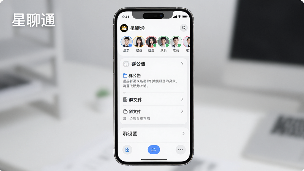 一张展示星聊通群组管理功能的图片,主体是手机屏幕,布局为顶部显示群名称和成员头像列表,中间是群公告和群文件区域,底部是群设置选项,排版清晰,风格商务简约,细节圆润,画质干净无多余元素,画面中标注“星聊通”