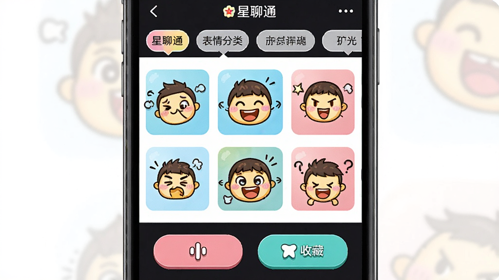 一张展示星聊通动态表情包功能的图片,主体是手机屏幕,布局为中间显示多个动态表情缩略图,顶部是表情分类标签,底部是添加和收藏按钮,排版活泼,风格可爱卡通,细节丰富,画质干净无多余元素,画面中出现“星聊通”